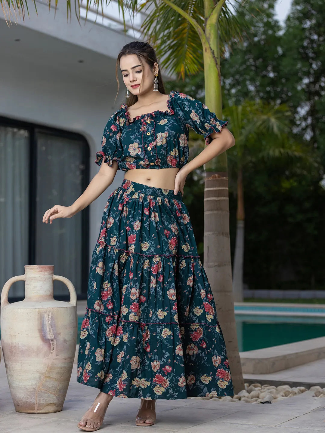 Yufta Cotton Green Skirt Co-Ord Set - Swadesiicart