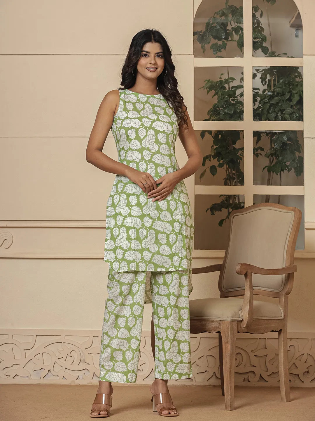 Yufta Cotton Green Summer Leaf Print Co-Ord Set - Swadesiicart