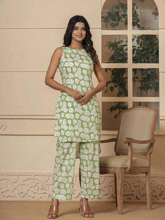 Yufta Cotton Green Summer Leaf Print Co-Ord Set - Swadesiicart