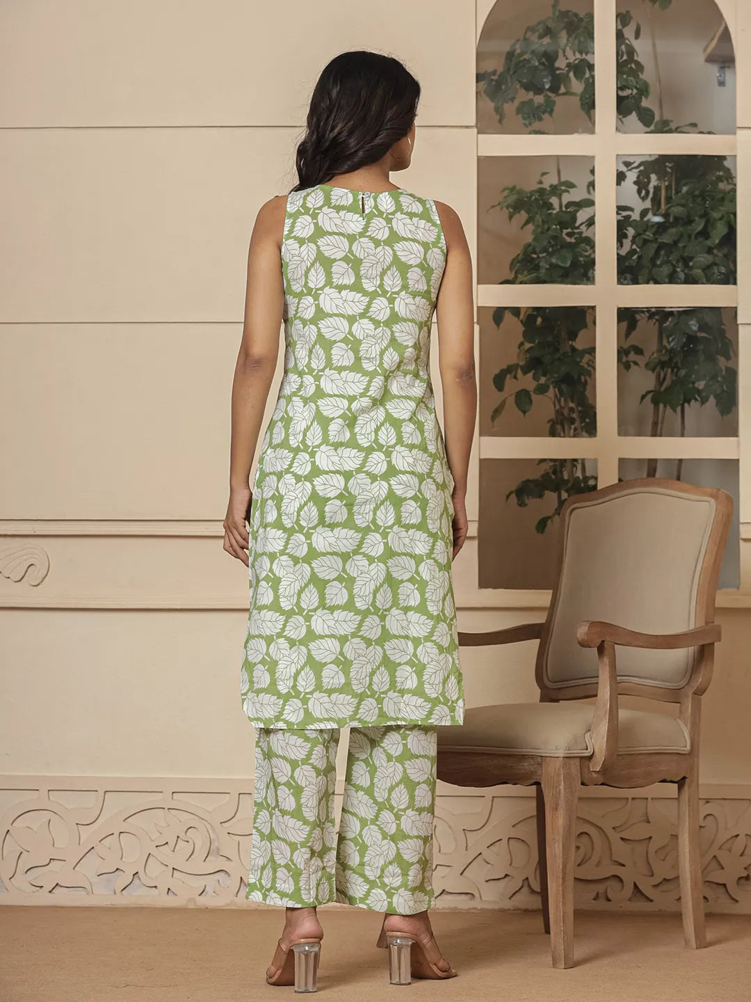 Yufta Cotton Green Summer Leaf Print Co-Ord Set - Swadesiicart
