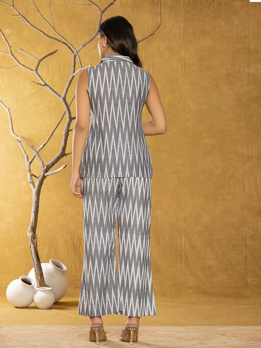 Yufta Cotton Grey Ikat Co-Ord Set - Swadesiicart