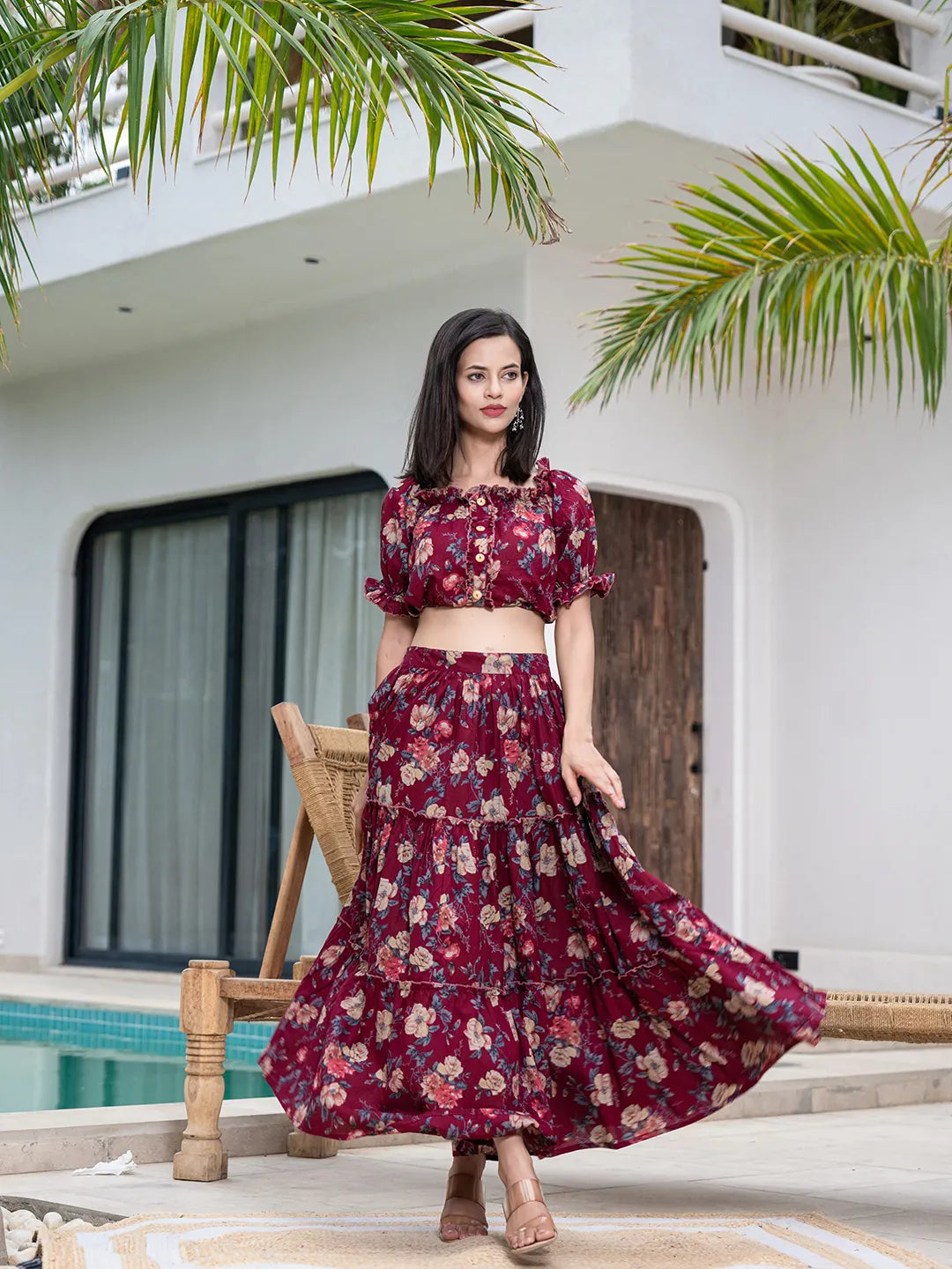 Yufta Cotton Maroon Skirt Co-Ord Set - Swadesiicart