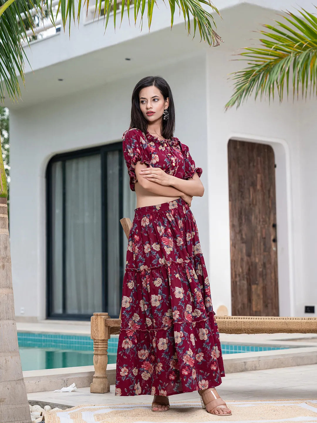 Yufta Cotton Maroon Skirt Co-Ord Set - Swadesiicart