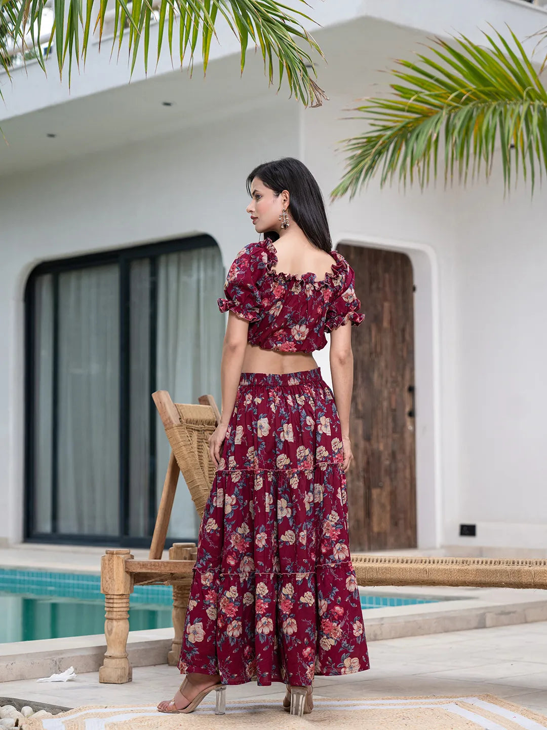 Yufta Cotton Maroon Skirt Co-Ord Set - Swadesiicart