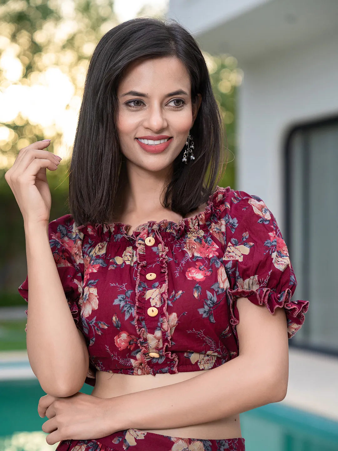 Yufta Cotton Maroon Skirt Co-Ord Set - Swadesiicart