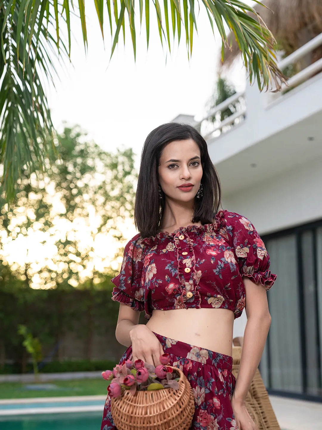 Yufta Cotton Maroon Skirt Co-Ord Set - Swadesiicart