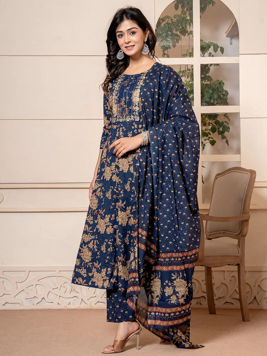 Yufta Cotton Navy Blue Anarkali Dupatta Set - Swadesiicart