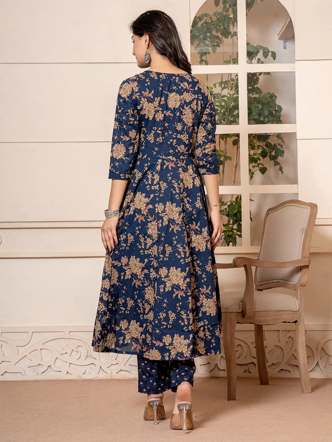 Yufta Cotton Navy Blue Anarkali Dupatta Set - Swadesiicart