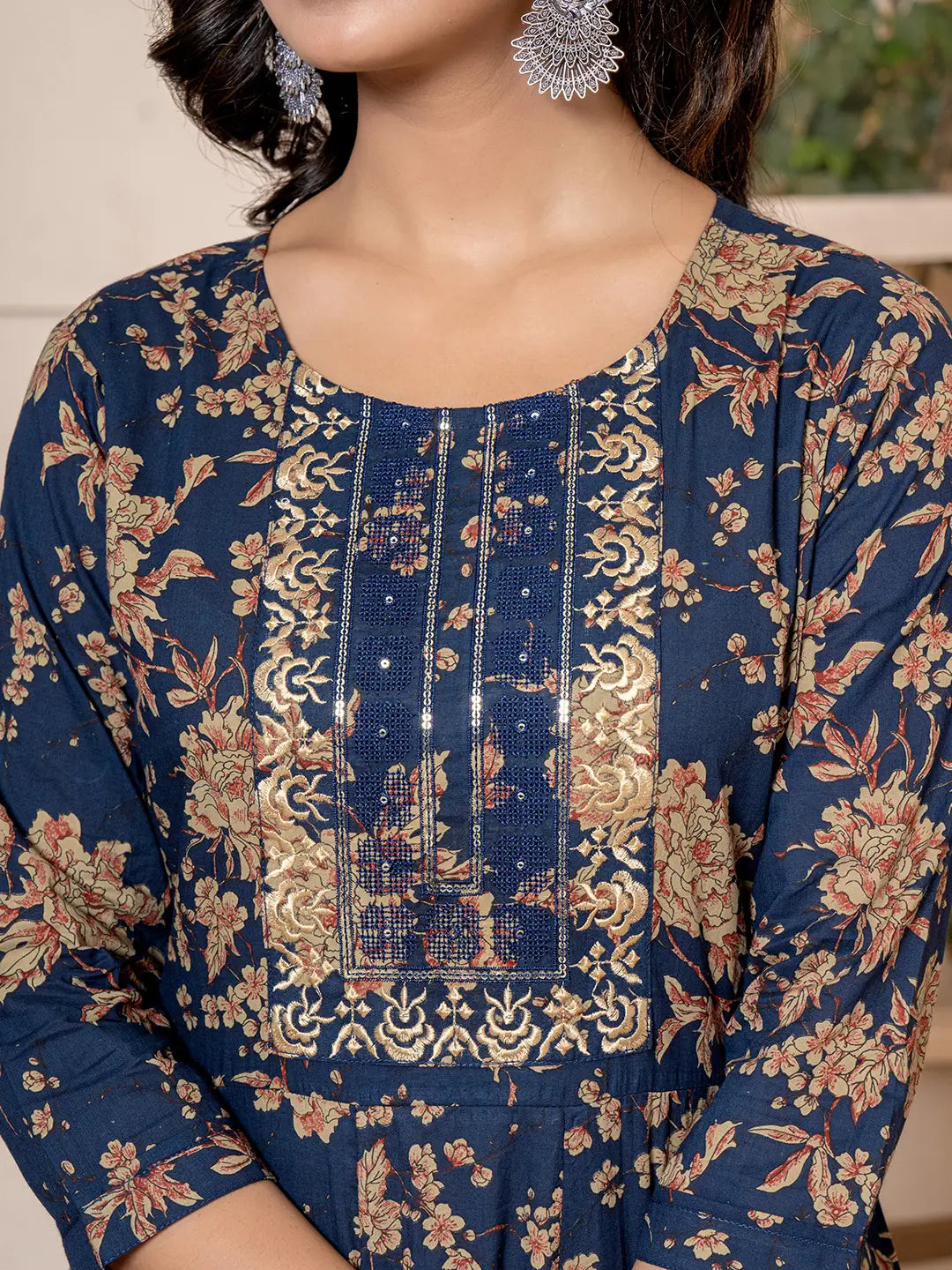 Yufta Cotton Navy Blue Anarkali Dupatta Set - Swadesiicart