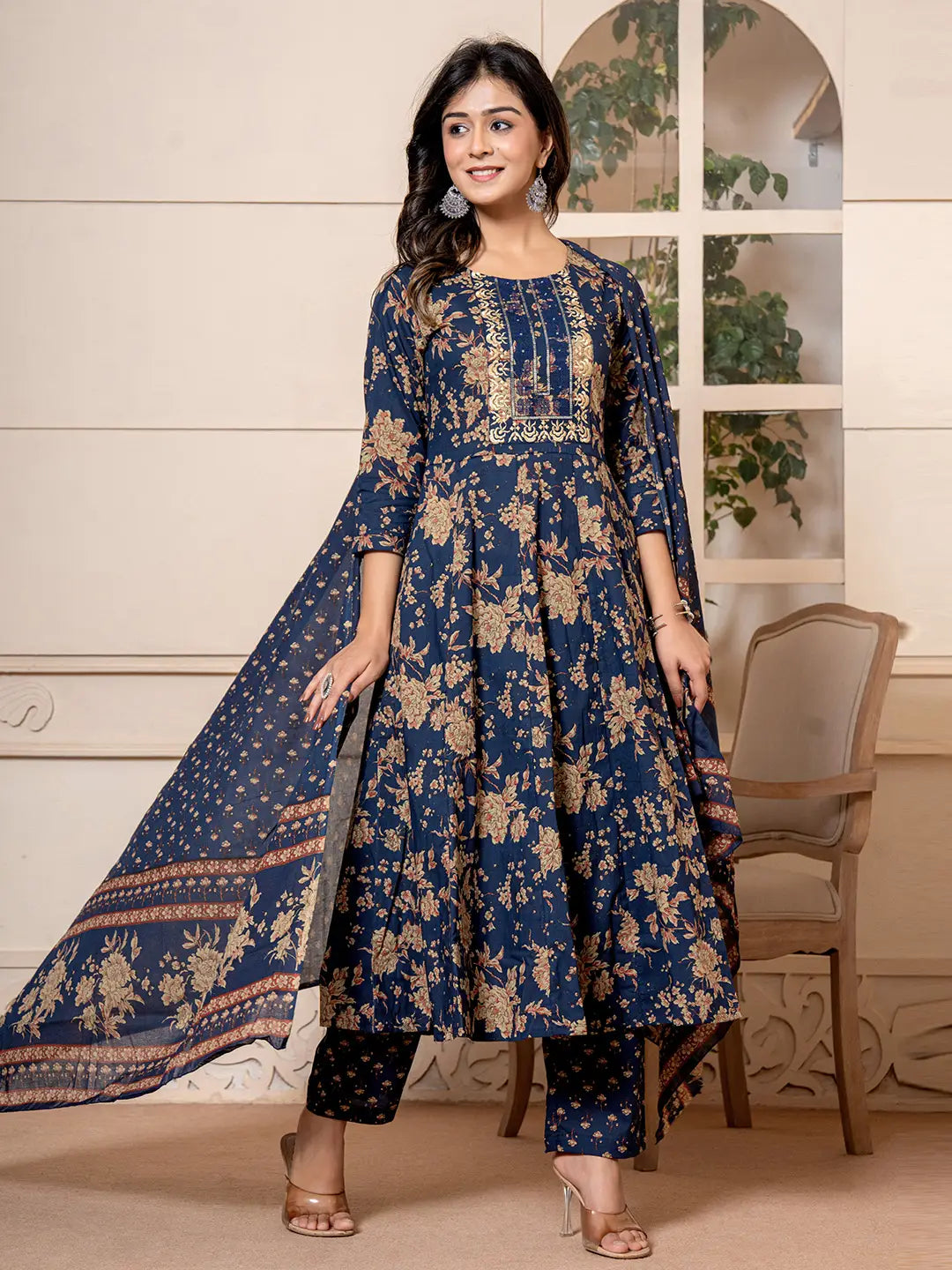 Yufta Cotton Navy Blue Anarkali Dupatta Set - Swadesiicart