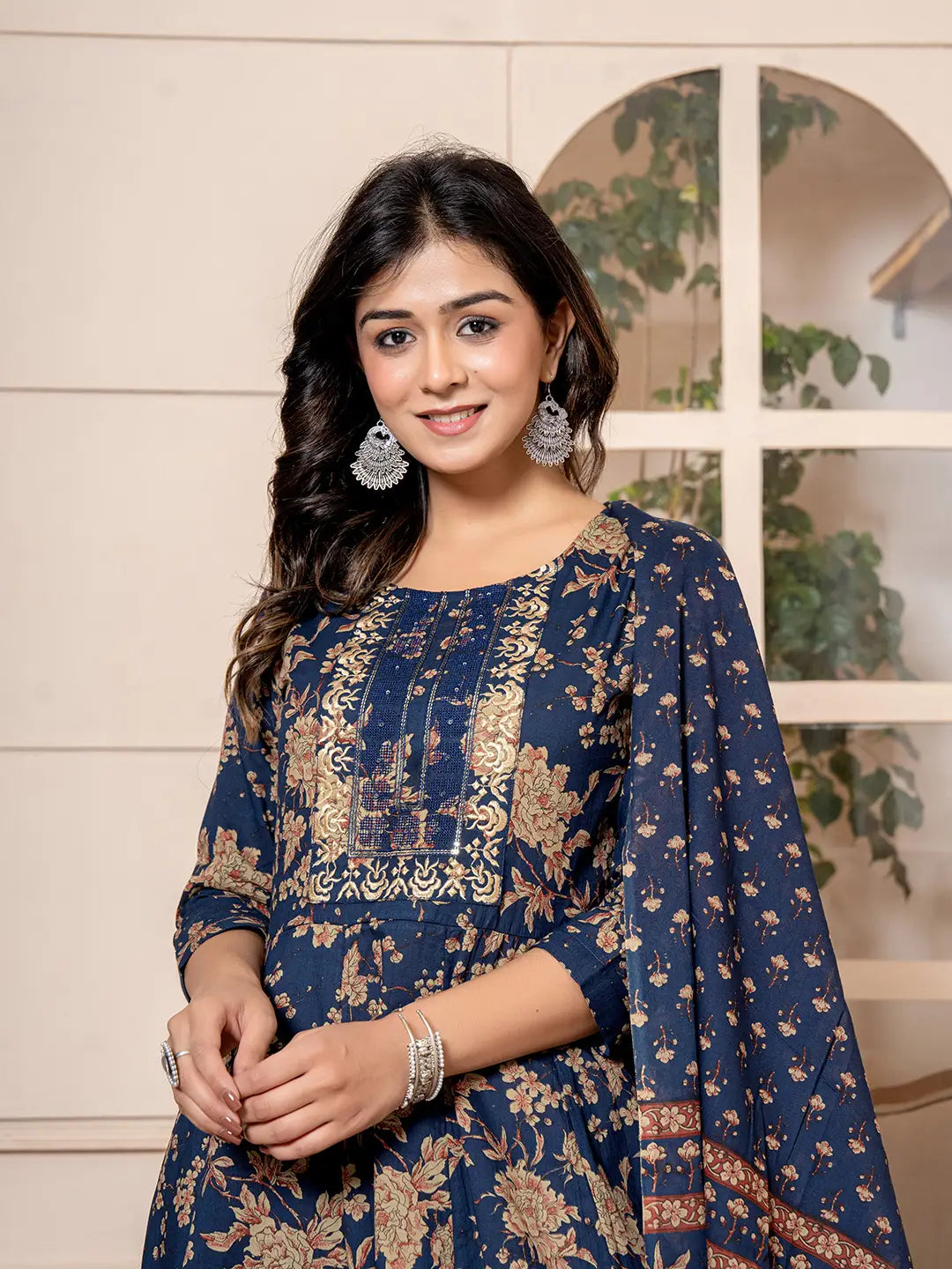 Yufta Cotton Navy Blue Anarkali Dupatta Set - Swadesiicart