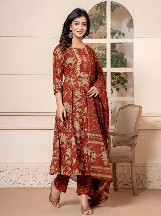 Yufta Cotton Red Anarkali Dupatta Set - Swadesiicart