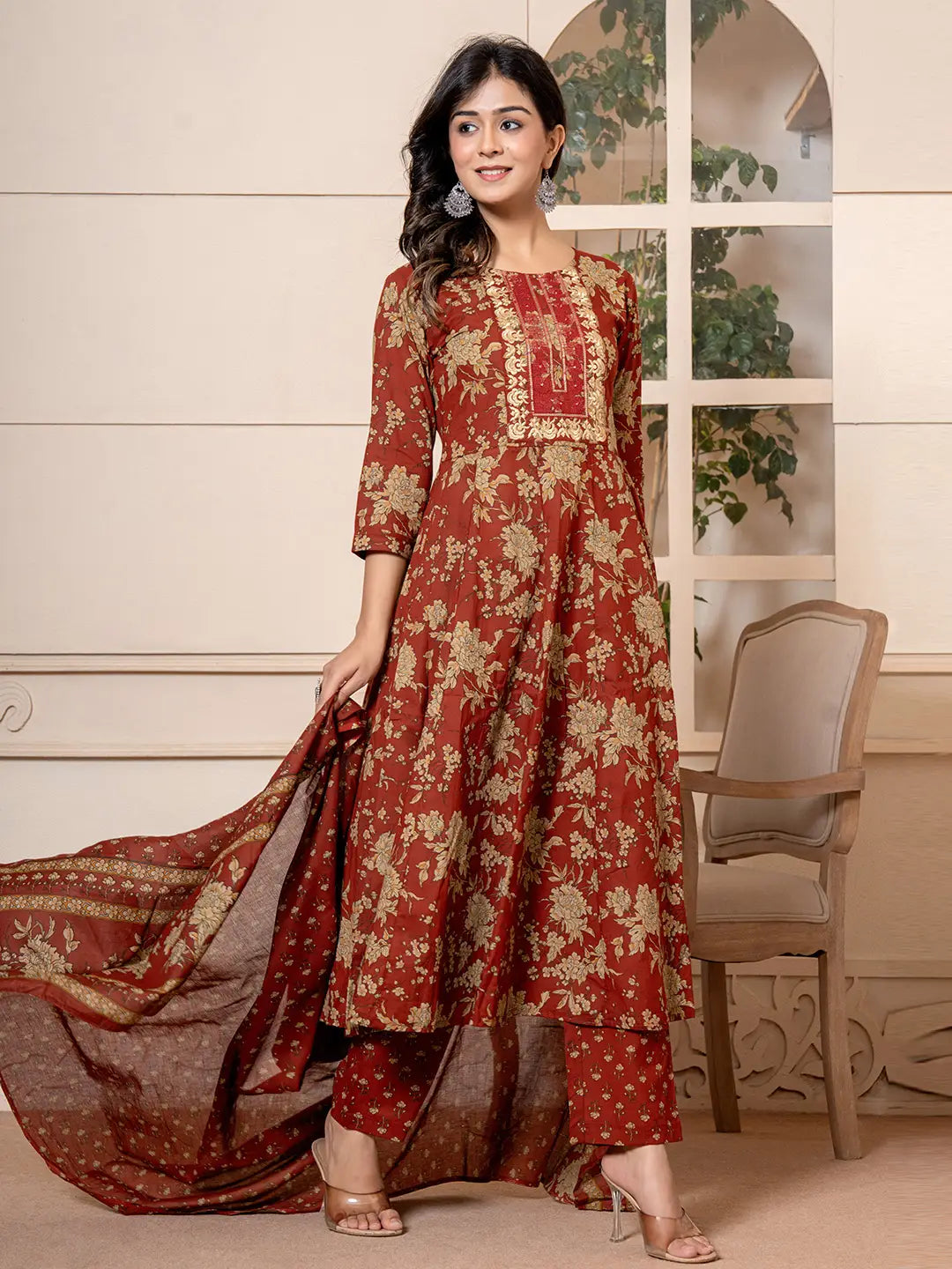 Yufta Cotton Red Anarkali Dupatta Set - Swadesiicart