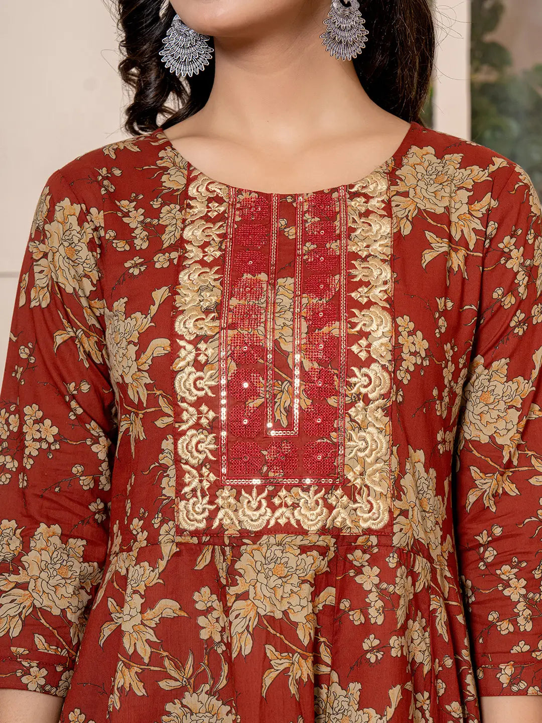 Yufta Cotton Red Anarkali Dupatta Set - Swadesiicart