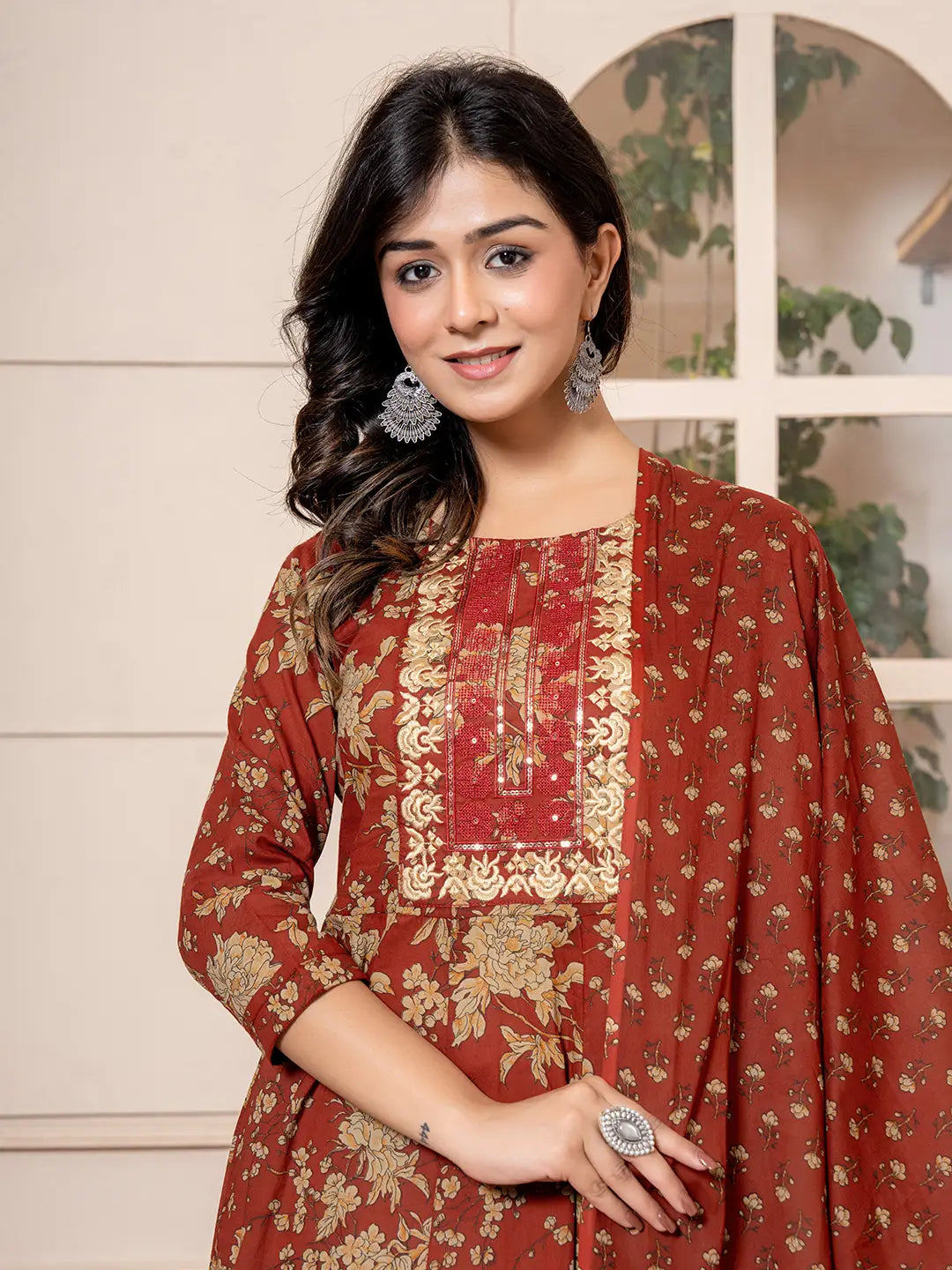 Yufta Cotton Red Anarkali Dupatta Set - Swadesiicart