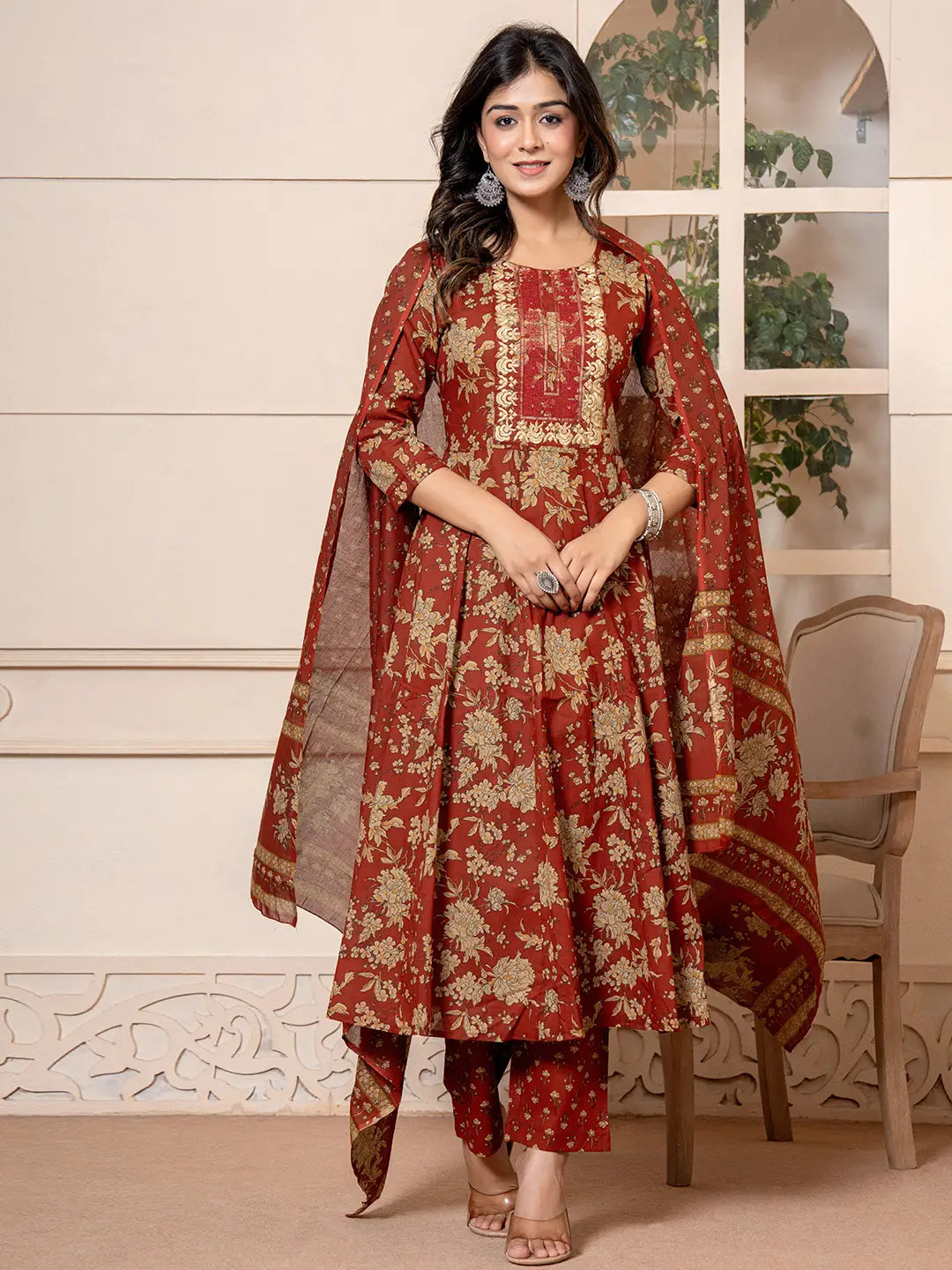 Yufta Cotton Red Anarkali Dupatta Set - Swadesiicart