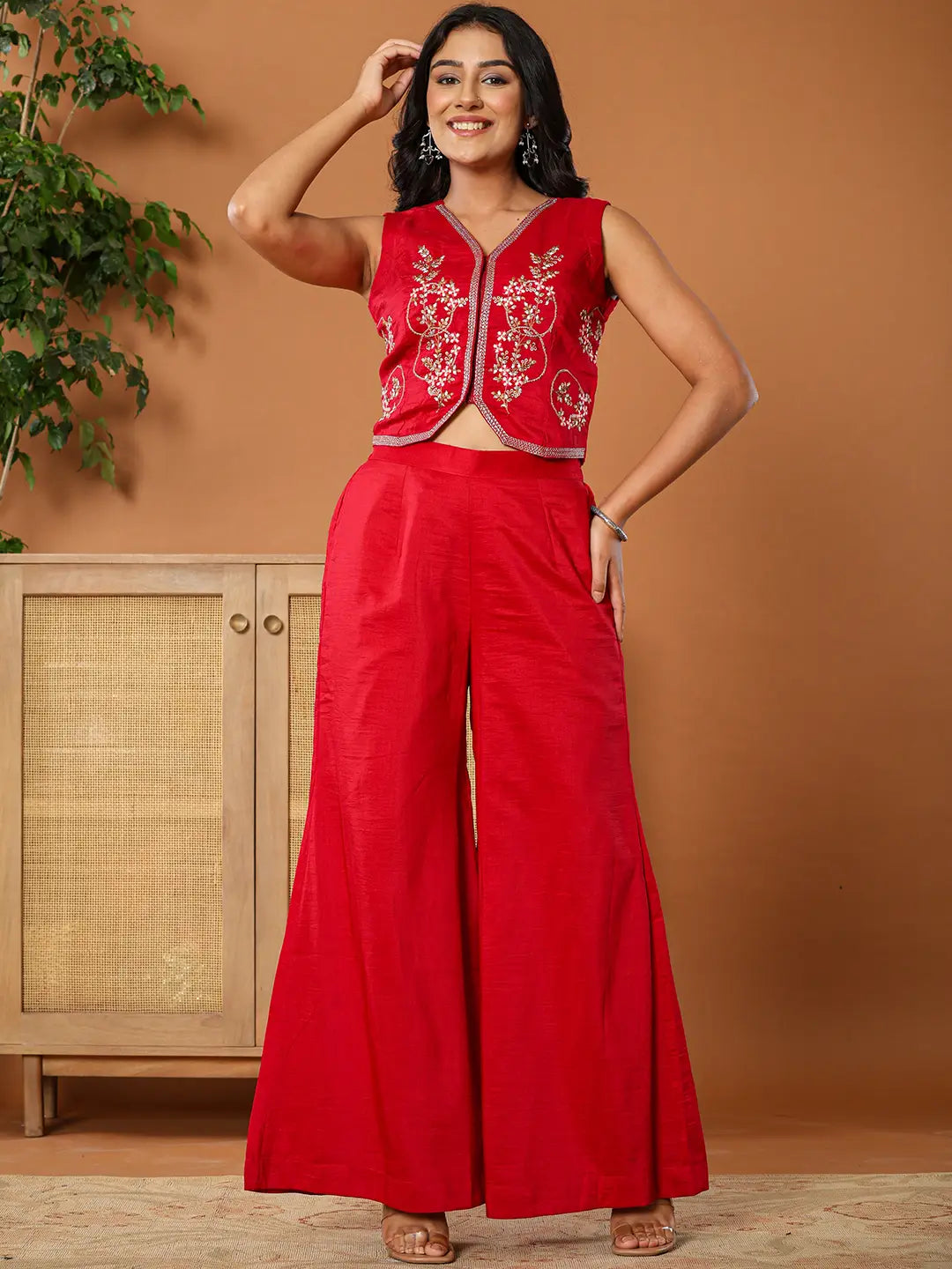 Yufta Cotton Silk Waist Coat Co-Ord Set With Attached Cotton Lining - Swadesiicart