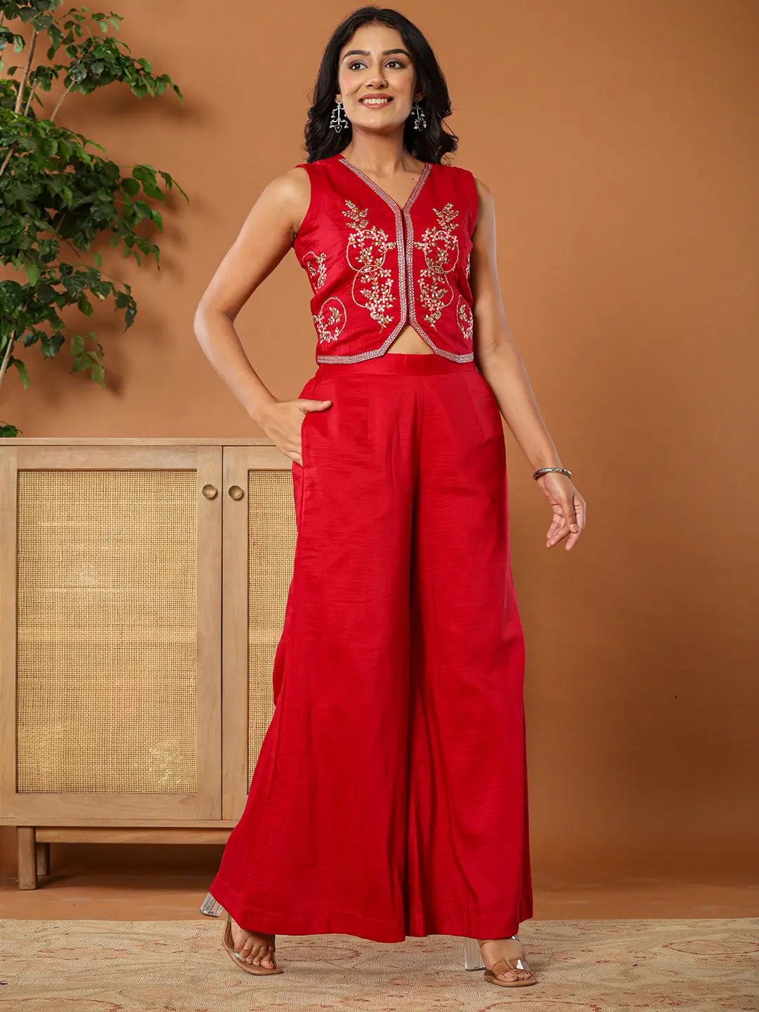 Yufta Cotton Silk Waist Coat Co-Ord Set With Attached Cotton Lining - Swadesiicart