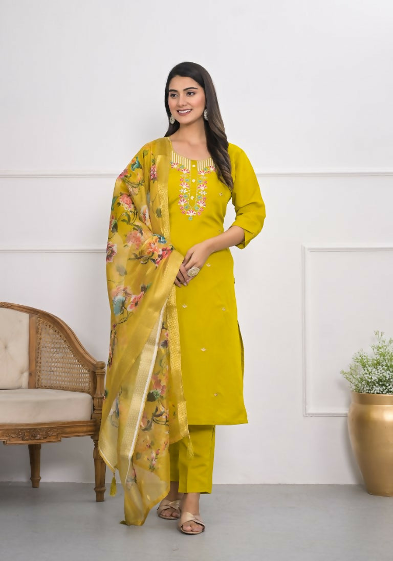 Yellow Viscose Silk Embroidery with Thread and sequence Stitched Suit With Dupatta - Tanisha | Swadesiicart