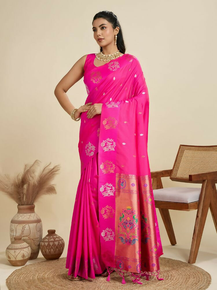 Vishnu Weaves Women's Pink Banarasi Silk Zari Woven Saree with Blouse - Swadesiicart