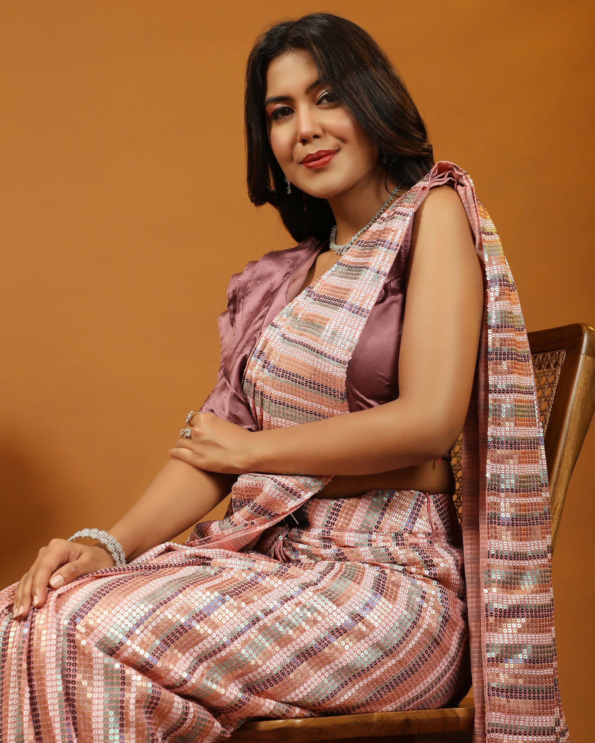 Pink Pure Georgette Sequence work Ready to wear Saree with stitched Blouse - Satiksha | Swadesiicart
