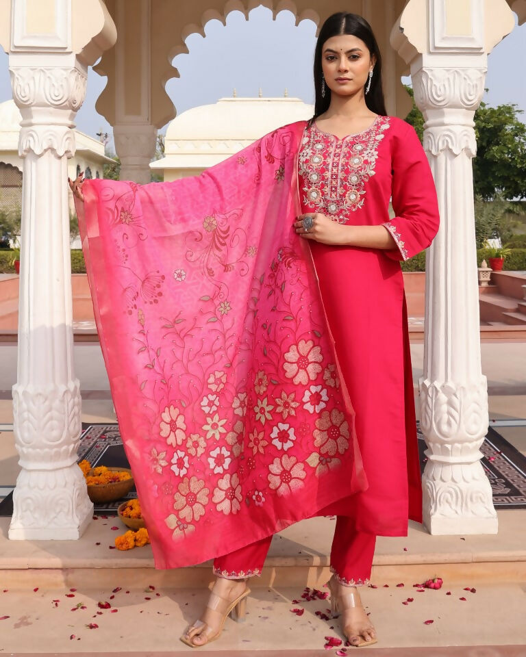 Jyoti Fashion Women's Pink Cotton Silk Hand Work with Floral Printed Kurta Set | Swadesiicart