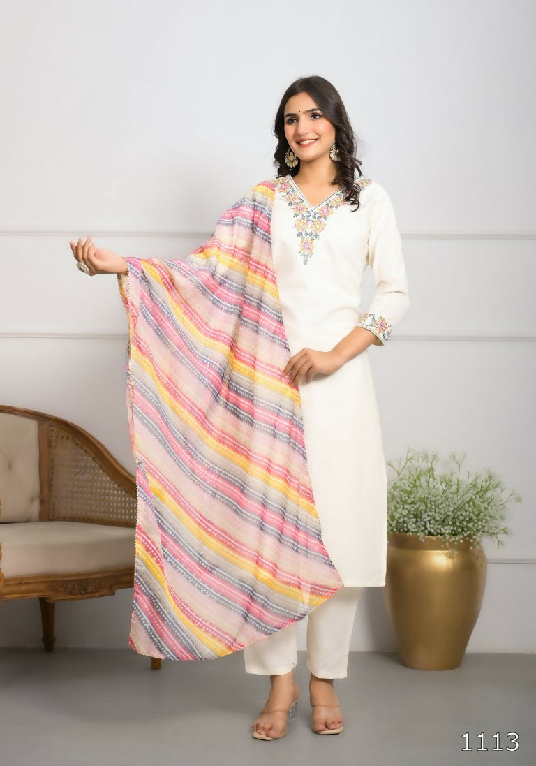 Festive Wear Ethnic White viscose blend Stitched Suit With Dupatta - Tanisha | Swadesiicart