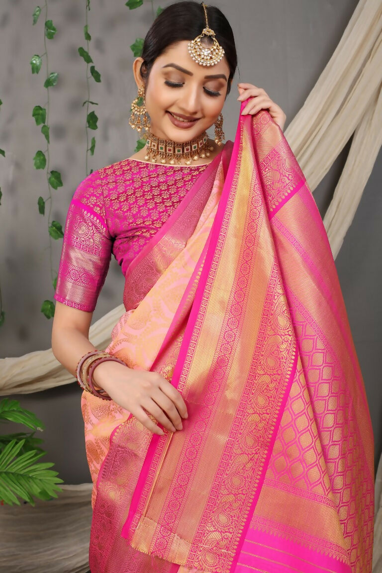 Jyoti Fashion Women's Peach Kanjivaram Silk Zari Woven Saree with Blouse | Swadesiicart