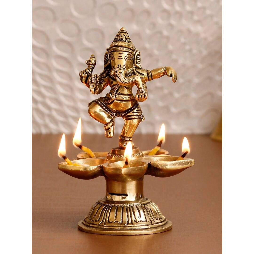 eCraftIndia Gold-Toned Handcrafted Dancing Lord Ganesha Showpiece With Diya | Swadesiicart