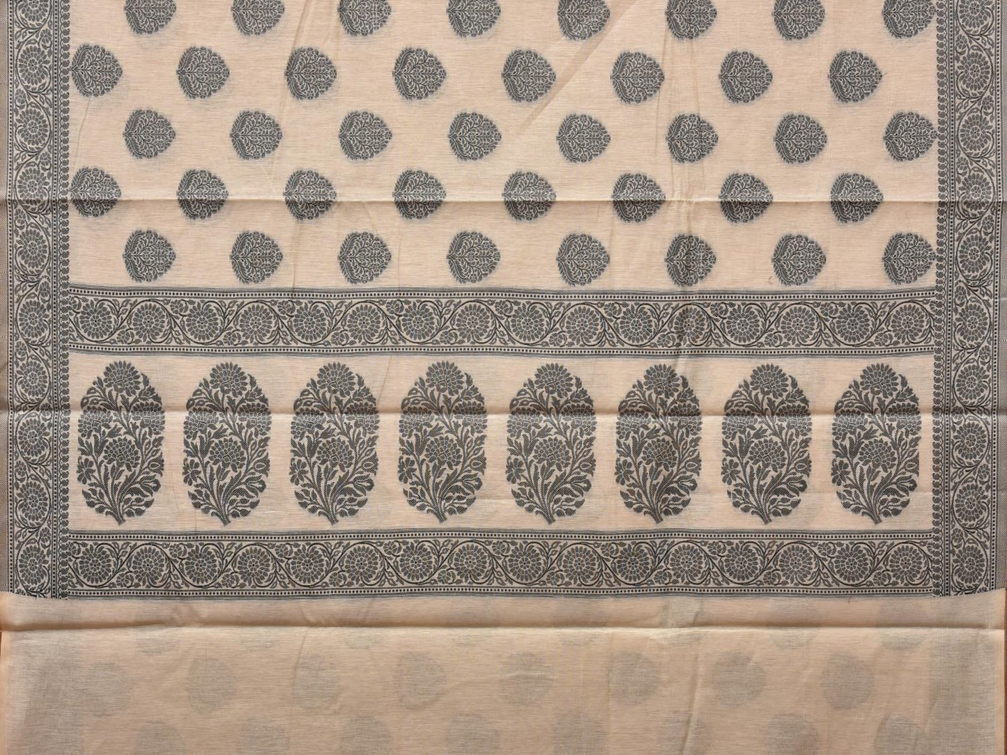Cream and Black Cut Work Sico Cotton Saree with Body Buta and Border Design - Global Threads | Swadesiicart