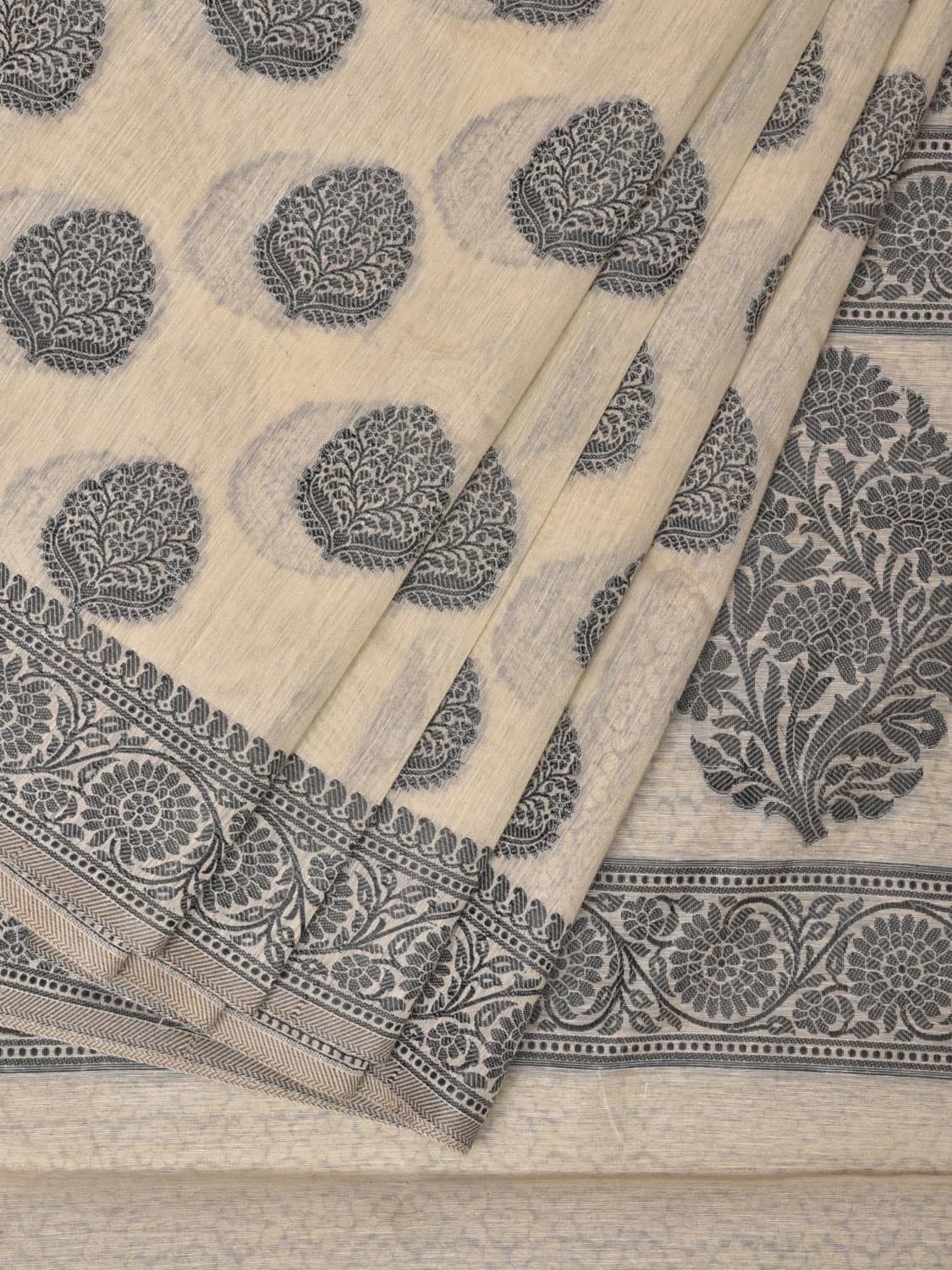 Cream and Black Cut Work Sico Cotton Saree with Body Buta and Border Design - Global Threads | Swadesiicart