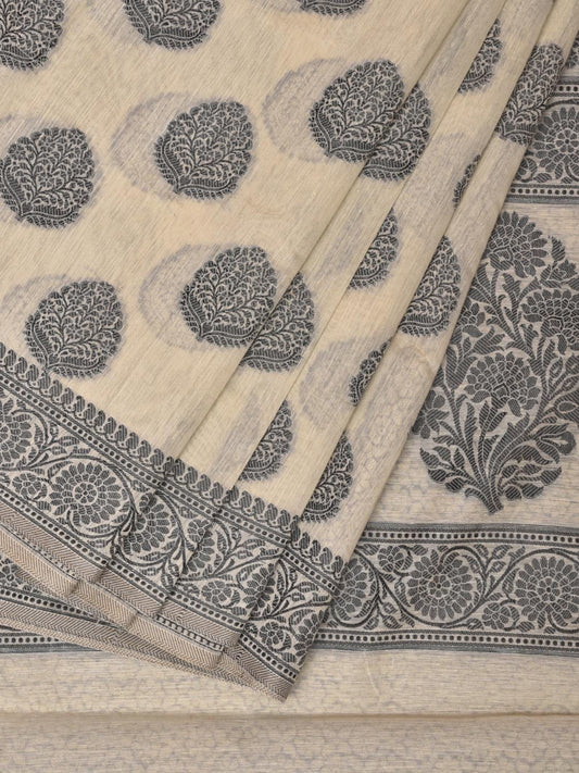 Cream and Black Cut Work Sico Cotton Saree with Body Buta and Border Design - Global Threads | Swadesiicart