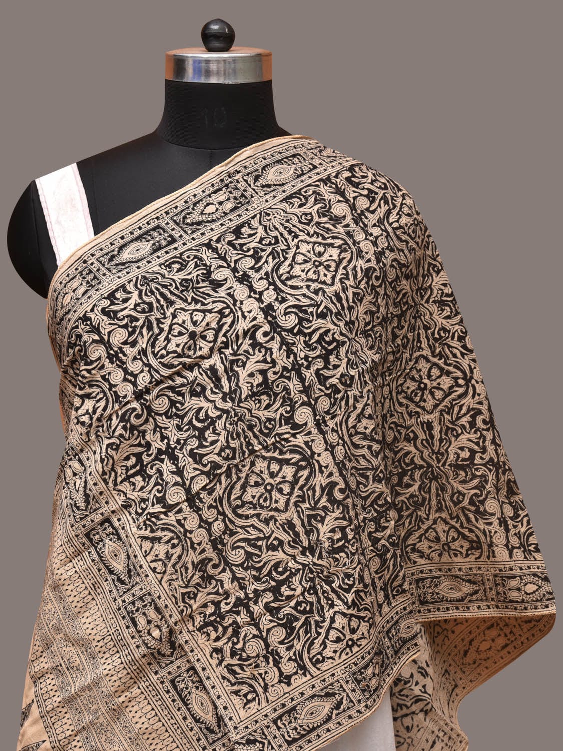 Cream and Black Kalamkari Block Print Cotton Silk Stole with Geometric Design - Global Threads | Swadesiicart