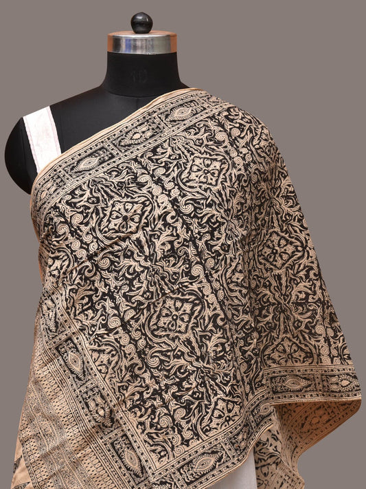 Cream and Black Kalamkari Block Print Cotton Silk Stole with Geometric Design - Global Threads | Swadesiicart