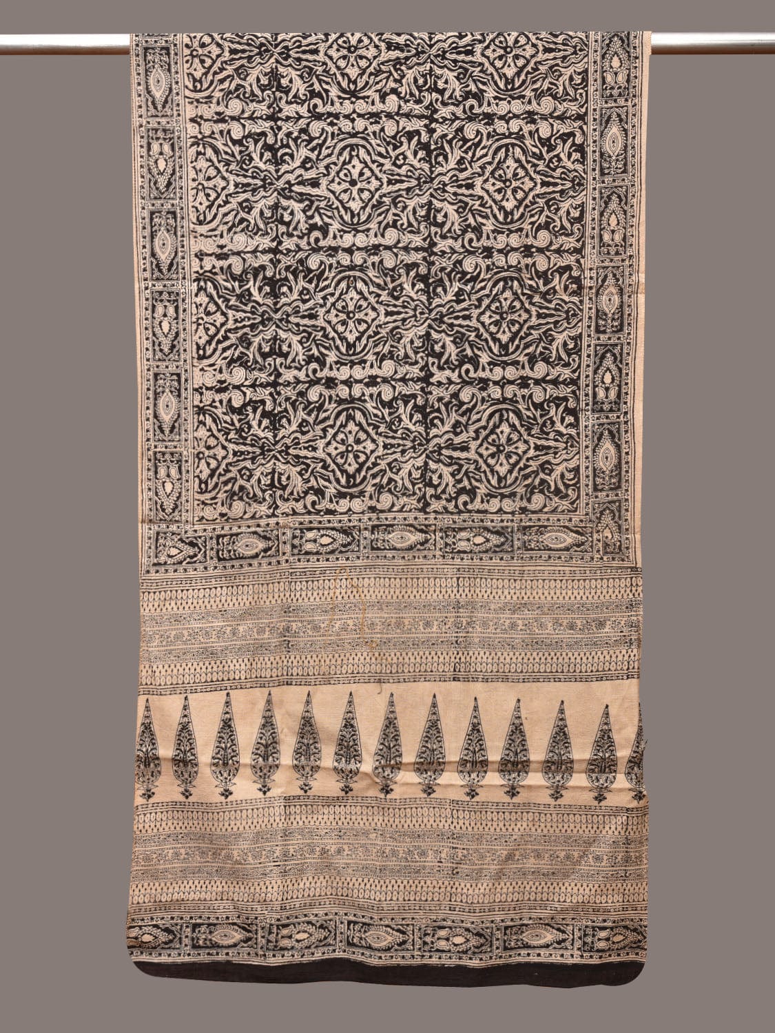Cream and Black Kalamkari Block Print Cotton Silk Stole with Geometric Design - Global Threads | Swadesiicart