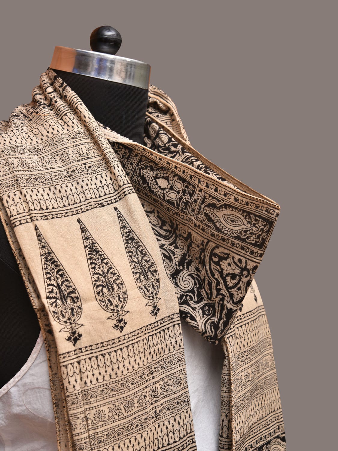 Cream and Black Kalamkari Block Print Cotton Silk Stole with Geometric Design - Global Threads | Swadesiicart
