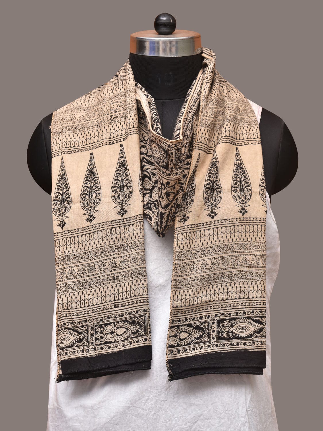 Cream and Black Kalamkari Block Print Cotton Silk Stole with Geometric Design - Global Threads | Swadesiicart