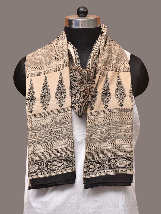 Cream and Black Kalamkari Block Print Cotton Silk Stole with Geometric Design - Global Threads | Swadesiicart