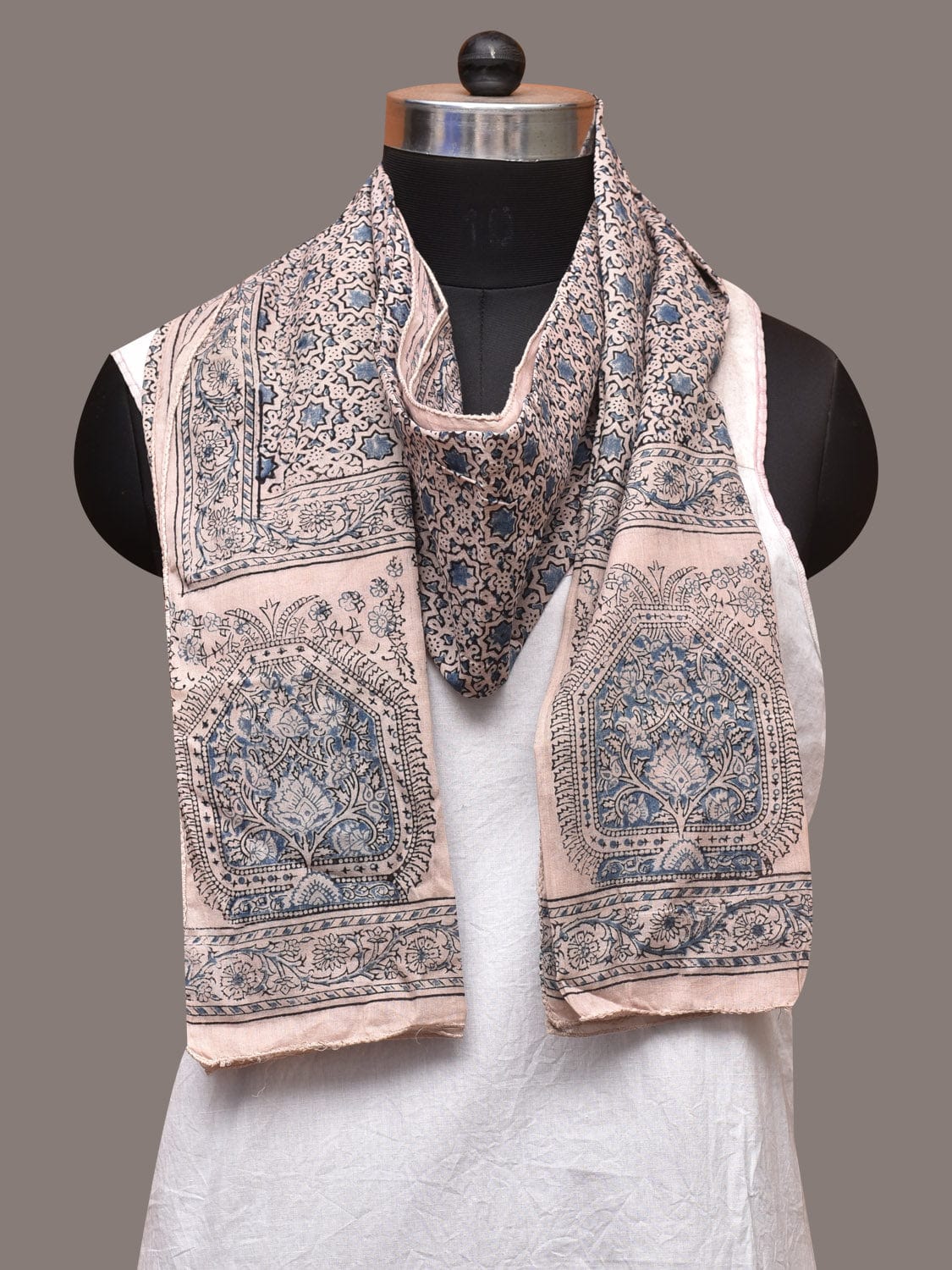 Cream and Blue Kalamkari Block Print Cotton Silk Stole with Geometric Design - Global Threads | Swadesiicart
