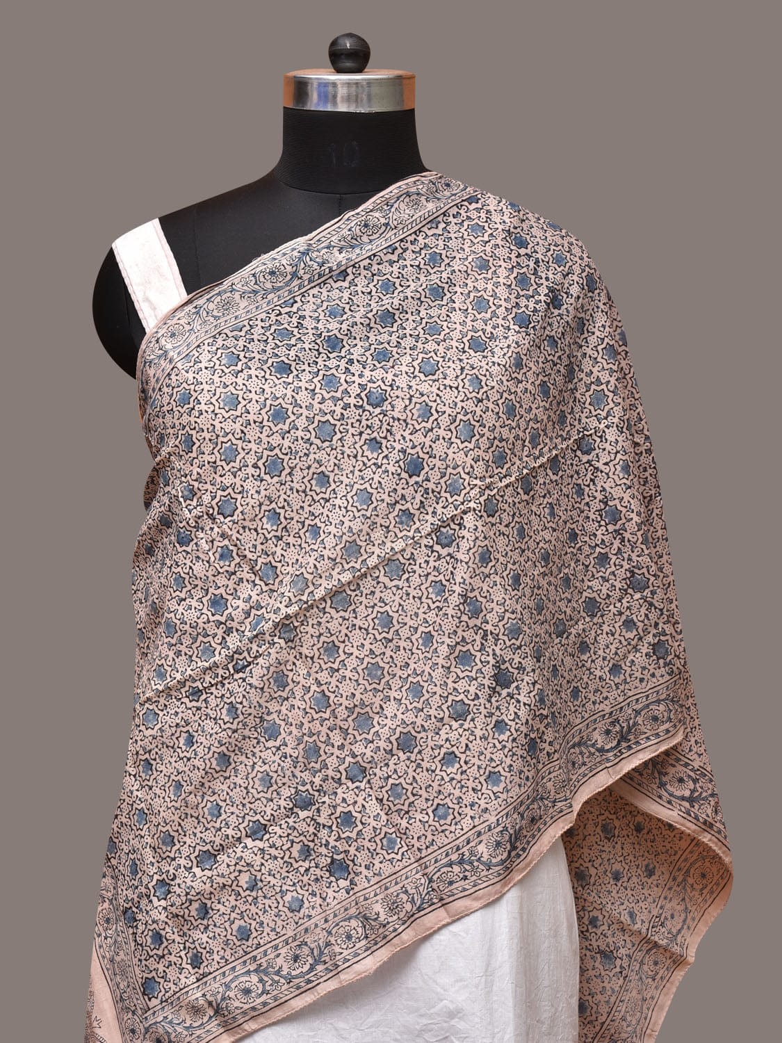 Cream and Blue Kalamkari Block Print Cotton Silk Stole with Geometric Design - Global Threads | Swadesiicart