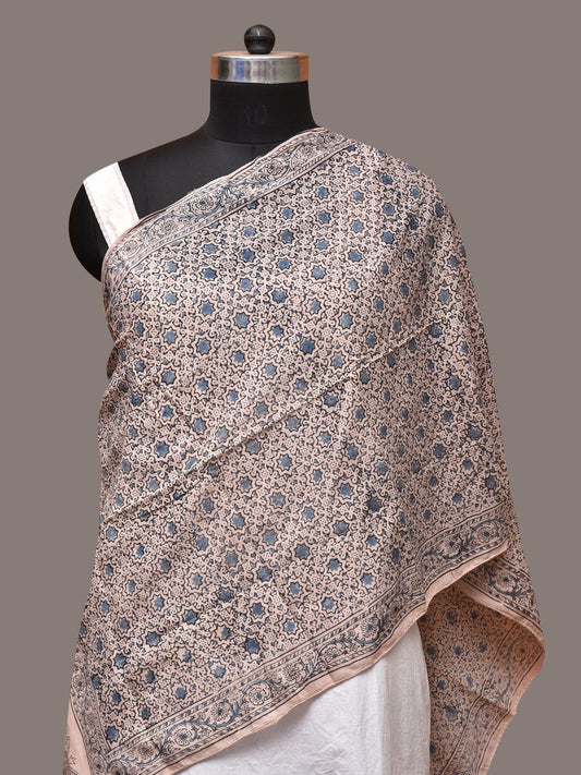 Cream and Blue Kalamkari Block Print Cotton Silk Stole with Geometric Design - Global Threads | Swadesiicart