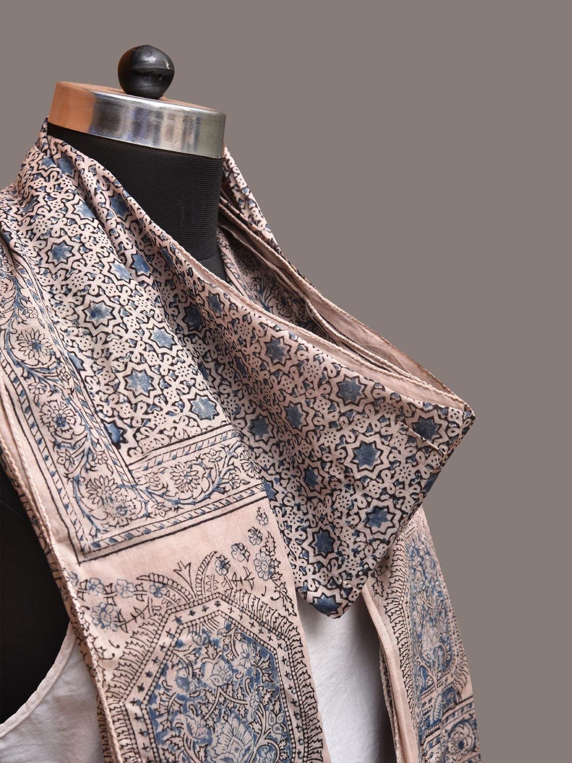 Cream and Blue Kalamkari Block Print Cotton Silk Stole with Geometric Design - Global Threads | Swadesiicart