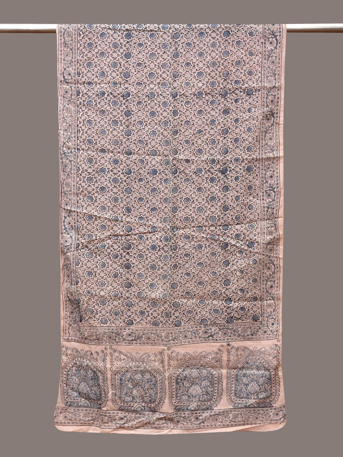 Cream and Blue Kalamkari Block Print Cotton Silk Stole with Geometric Design - Global Threads | Swadesiicart