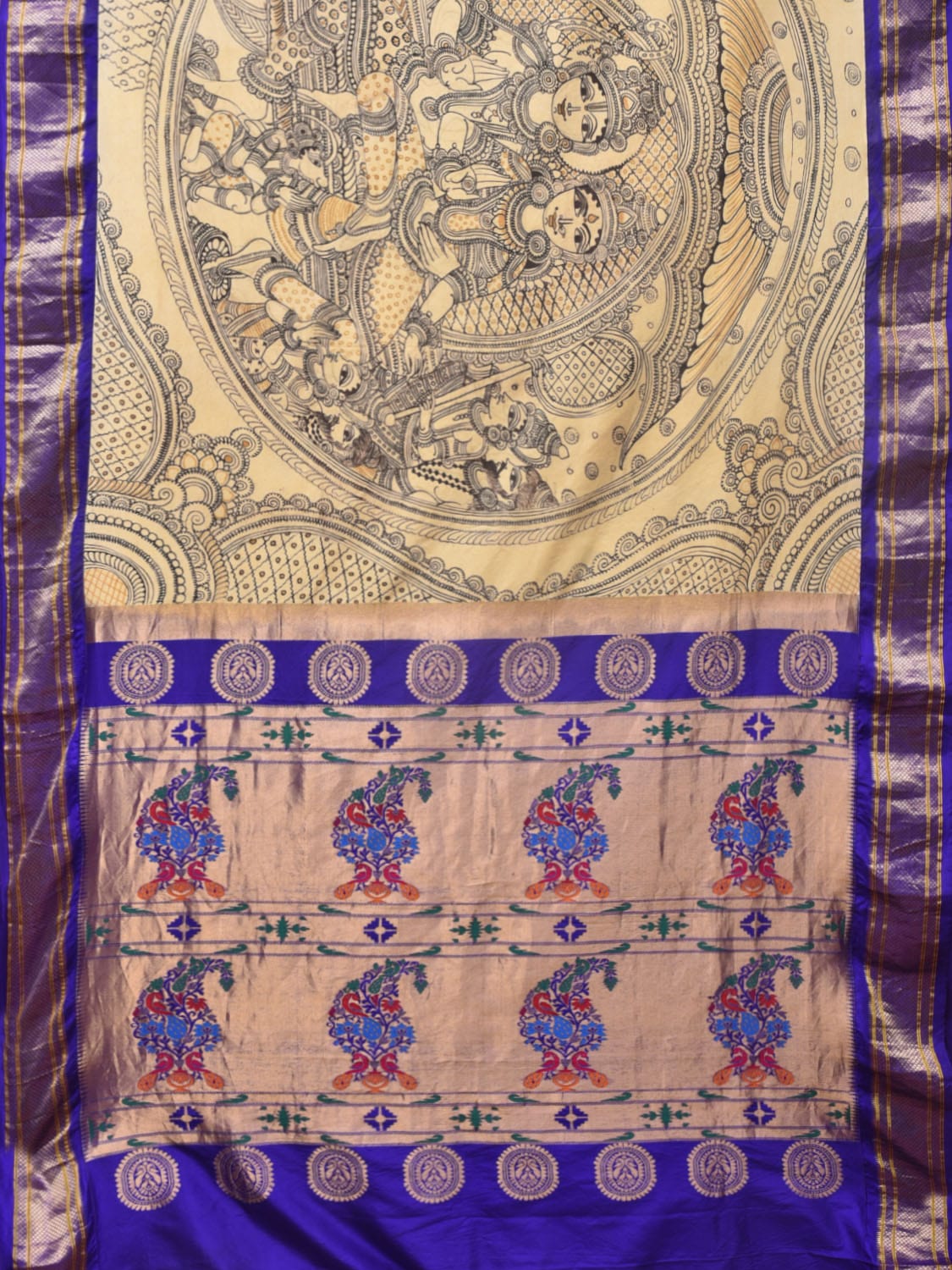 Cream and Blue Kalamkari Hand Painted Paithani Silk Handloom Saree with Ramayana Design - Global Threads | Swadesiicart