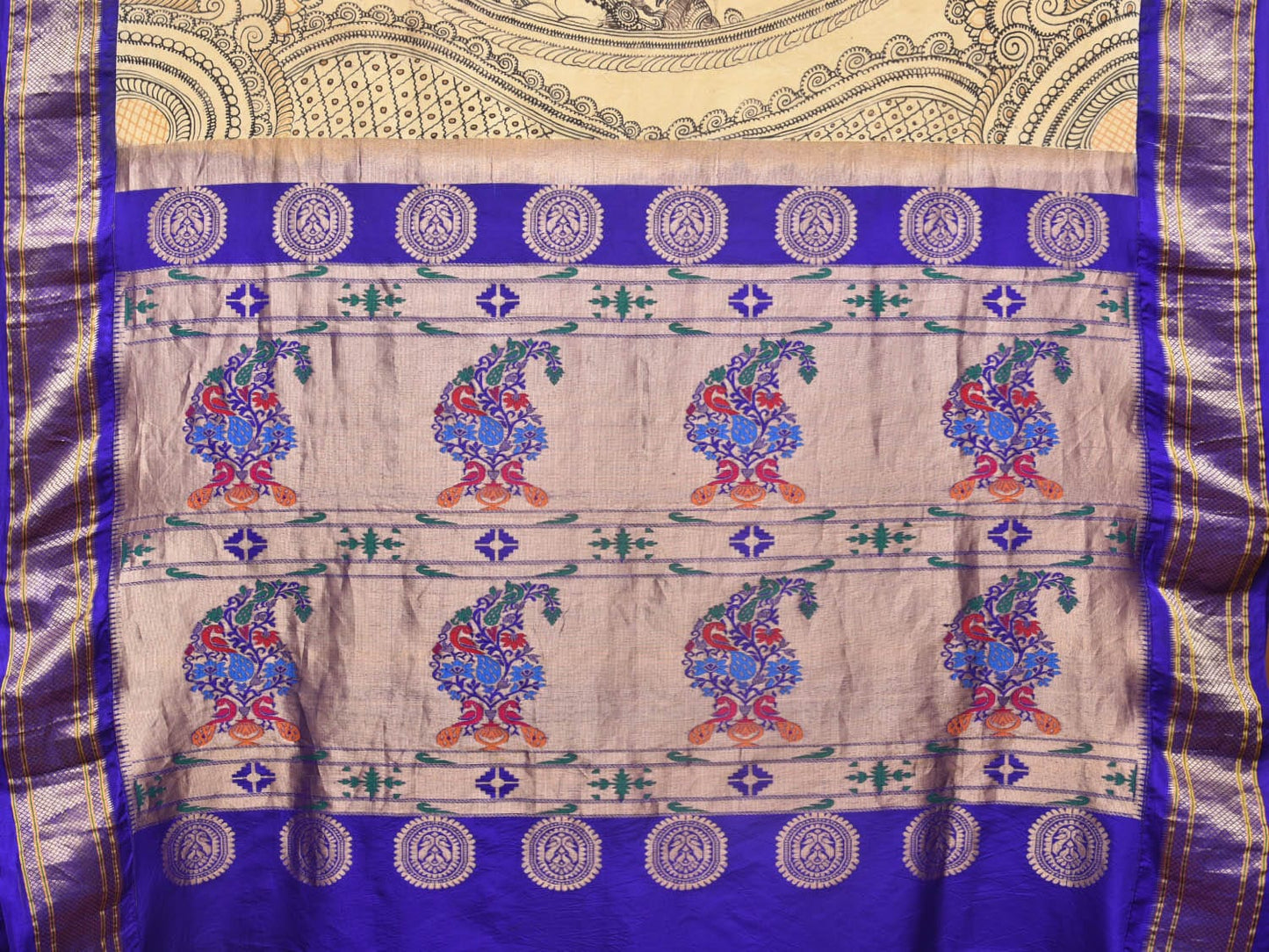Cream and Blue Kalamkari Hand Painted Paithani Silk Handloom Saree with Ramayana Design - Global Threads | Swadesiicart