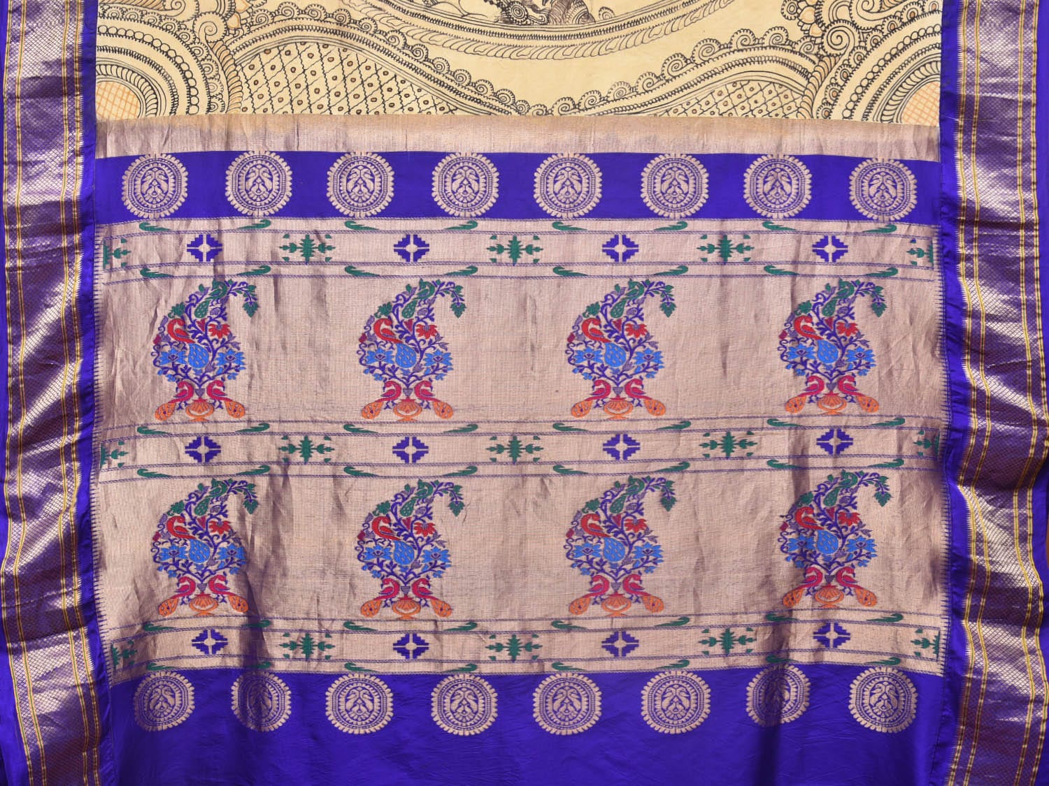 Cream and Blue Kalamkari Hand Painted Paithani Silk Handloom Saree with Ramayana Design - Global Threads | Swadesiicart