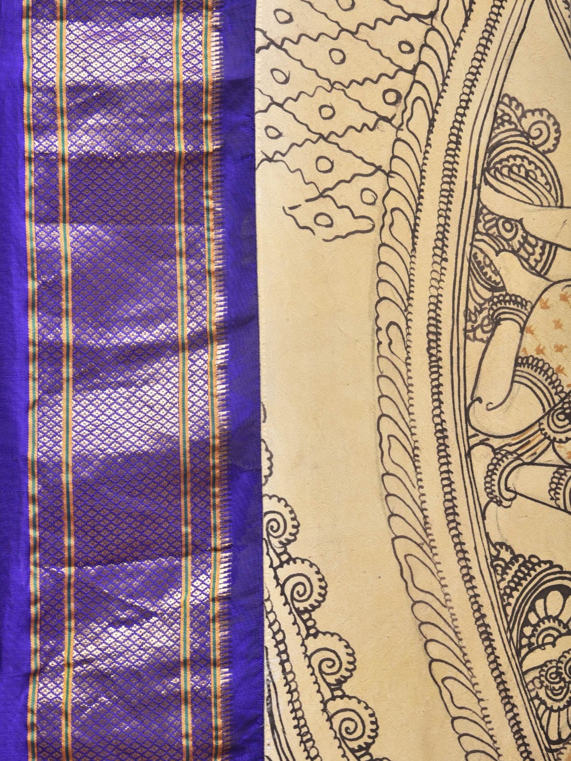 Cream and Blue Kalamkari Hand Painted Paithani Silk Handloom Saree with Ramayana Design - Global Threads | Swadesiicart