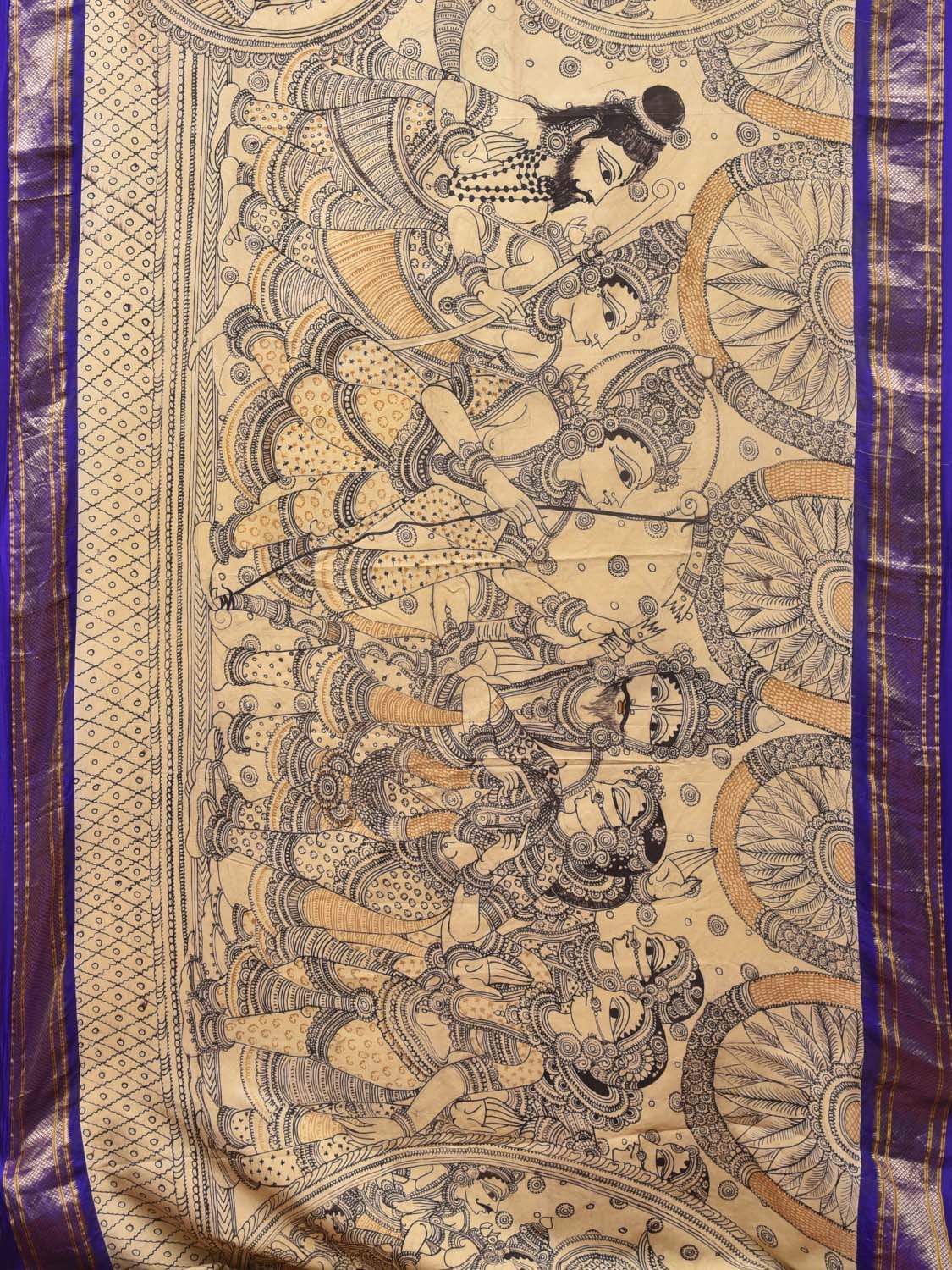 Cream and Blue Kalamkari Hand Painted Paithani Silk Handloom Saree with Ramayana Design - Global Threads | Swadesiicart