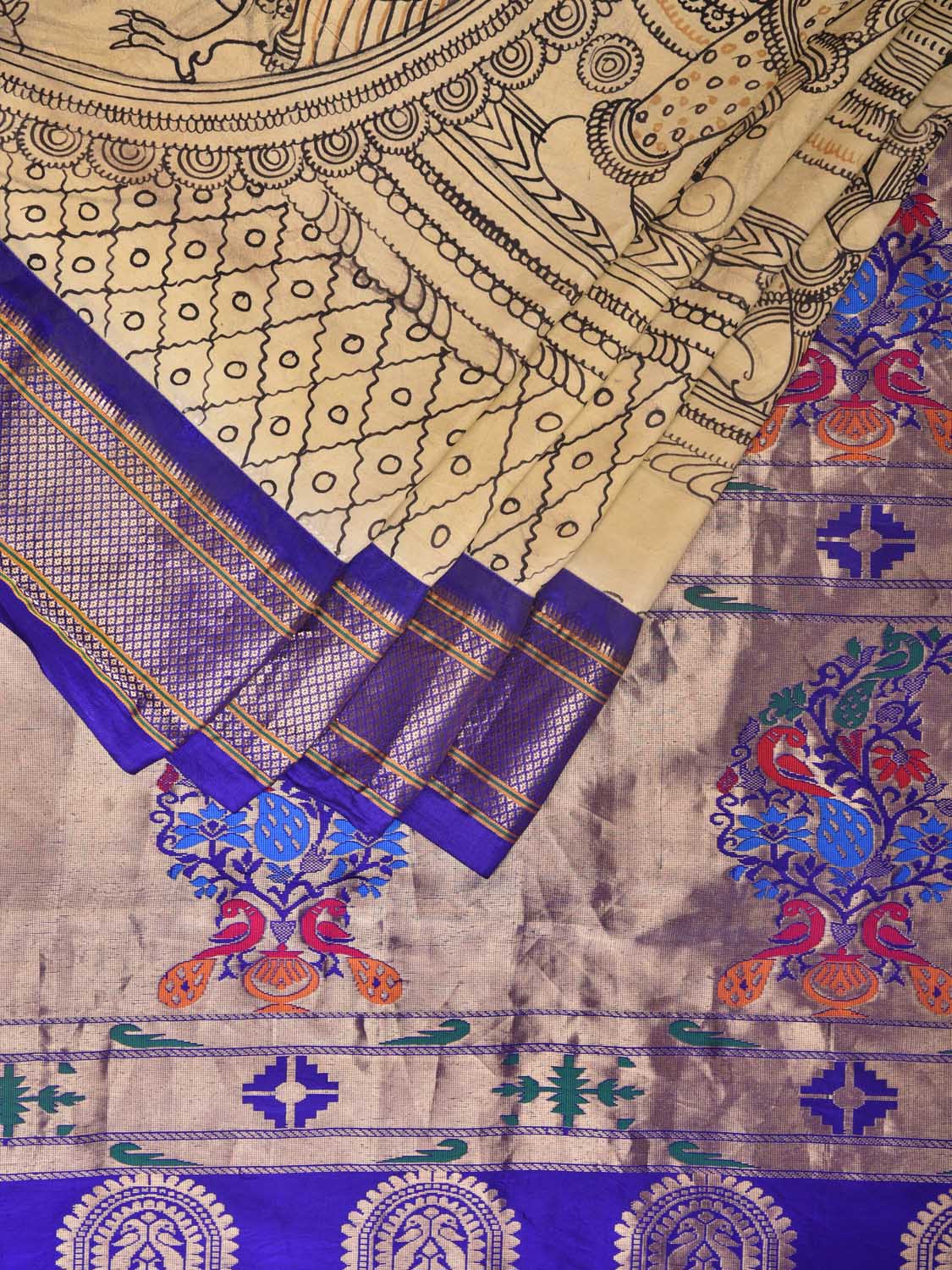 Cream and Blue Kalamkari Hand Painted Paithani Silk Handloom Saree with Ramayana Design - Global Threads | Swadesiicart
