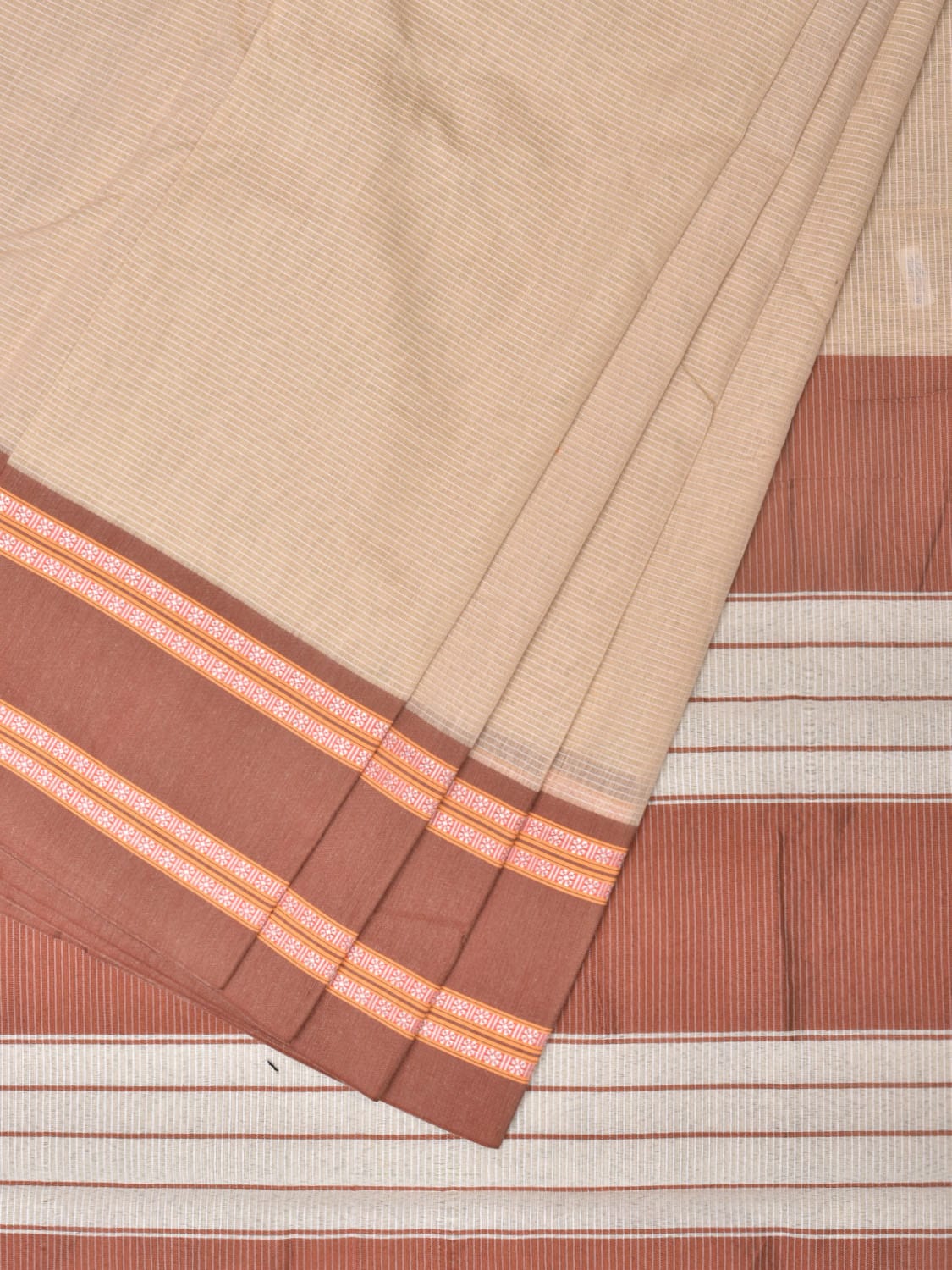 Cream and Fawn Bamboo Cotton Saree with Strips Design No Blouse - Global Threads | Swadesiicart